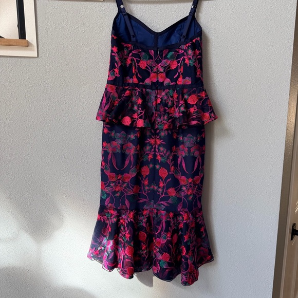 Marchesa Notte Pink and Navy Floral Bustier Top Peplum Dress - Picture 5 of 11